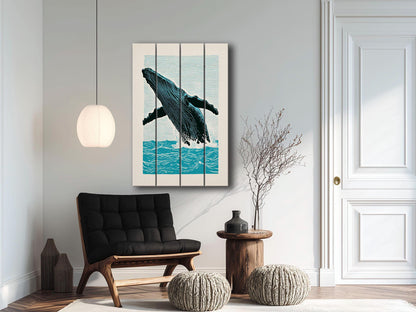 Whale Wood Wall Art – Humpback Linocut Print | Coastal Wood Decor, Ready to Hang
