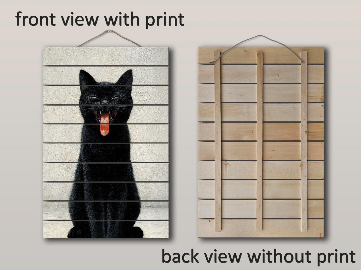 Black Cat Wall Art – Minimalist Cat Print On Wood | Rustic Wooden Decor