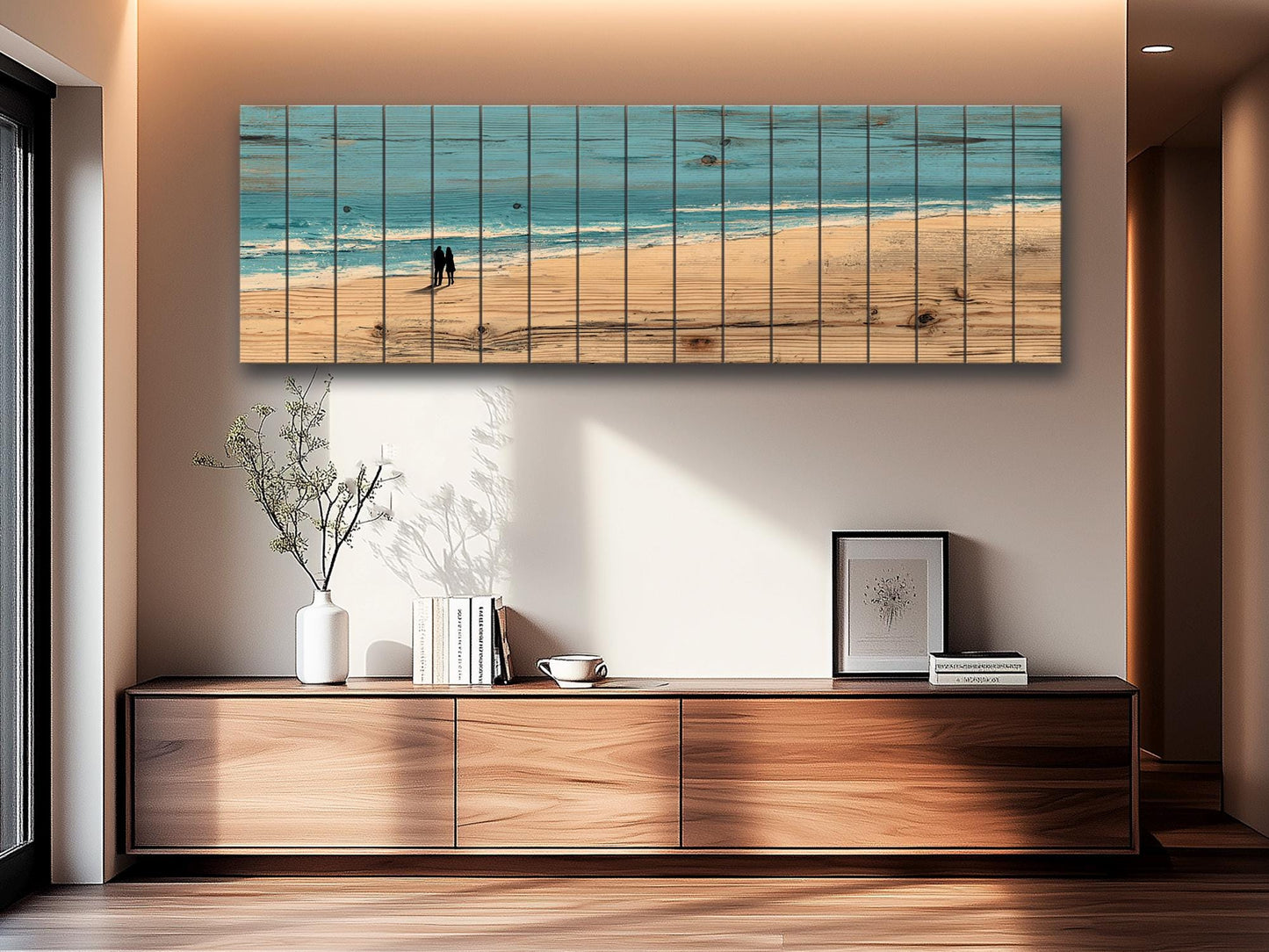 Coastal Wall Art – Wooden Coastal Print of Couple Walking on Beach House Decor