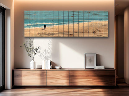 Coastal Wall Art – Wooden Coastal Print of Couple Walking on Beach House Decor