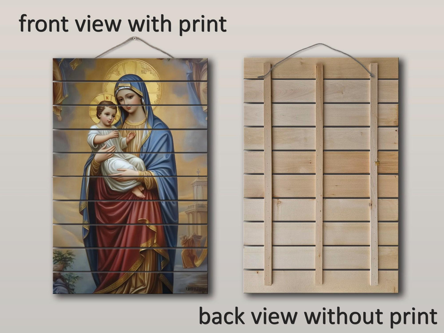 Virgin Mary Wall Art – Natural Wood Plank Art | Christian Wall Decor Print