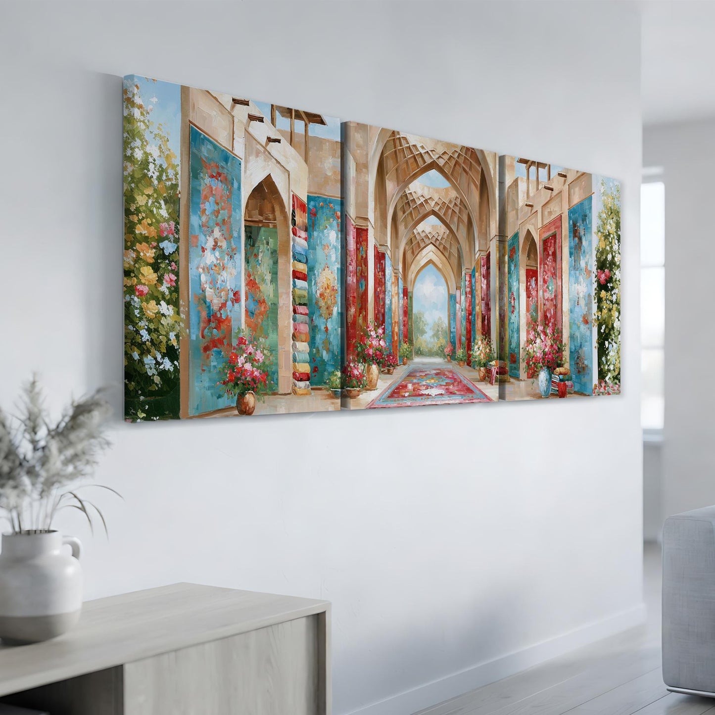 a large, colorful painting of an ornate, arched hallway with floral decorations and vases on the walls.