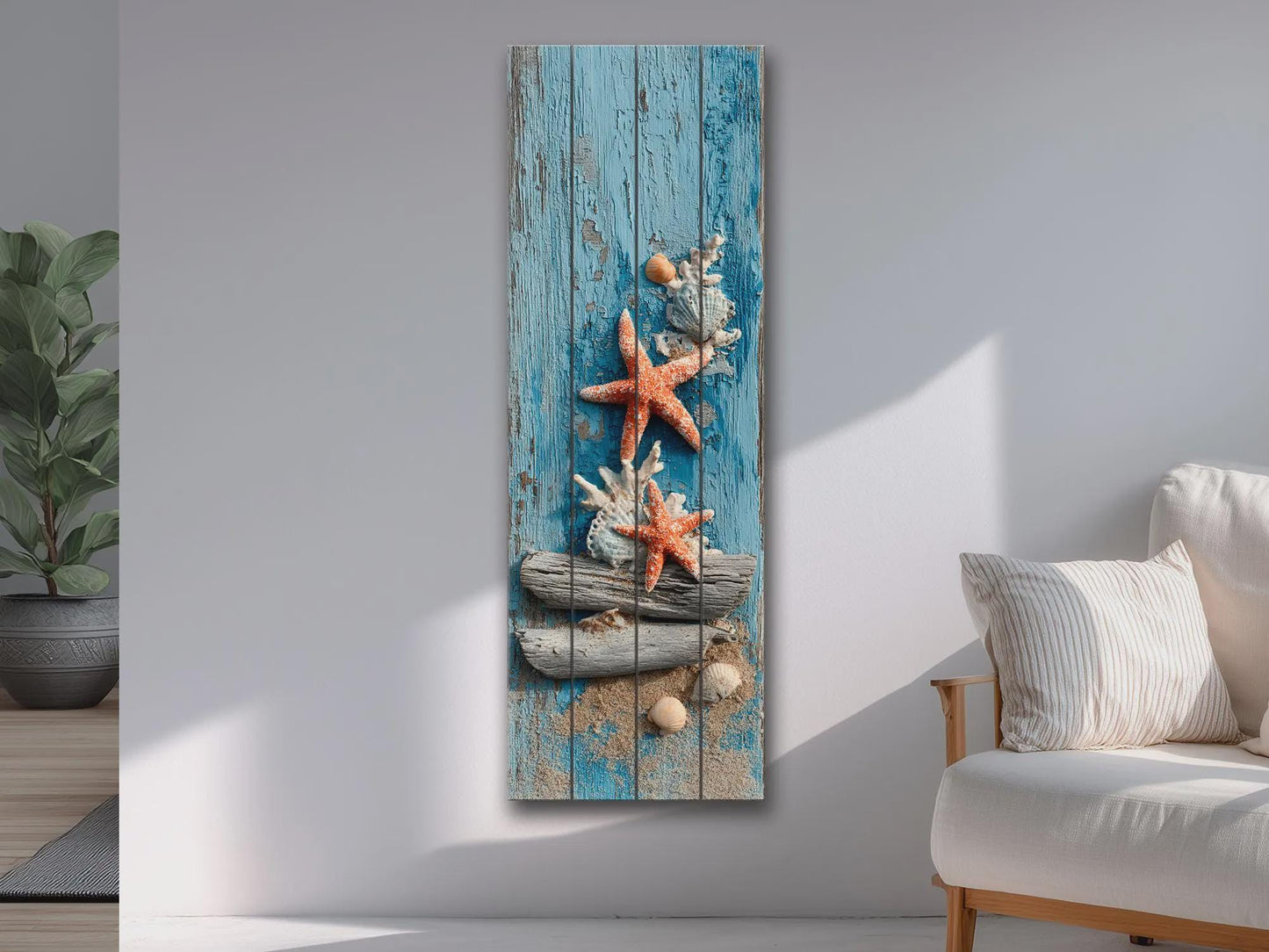 Wood Wall Art | Coastal Wall Art - Driftwood Starfish Print on Rustic Wood Panel
