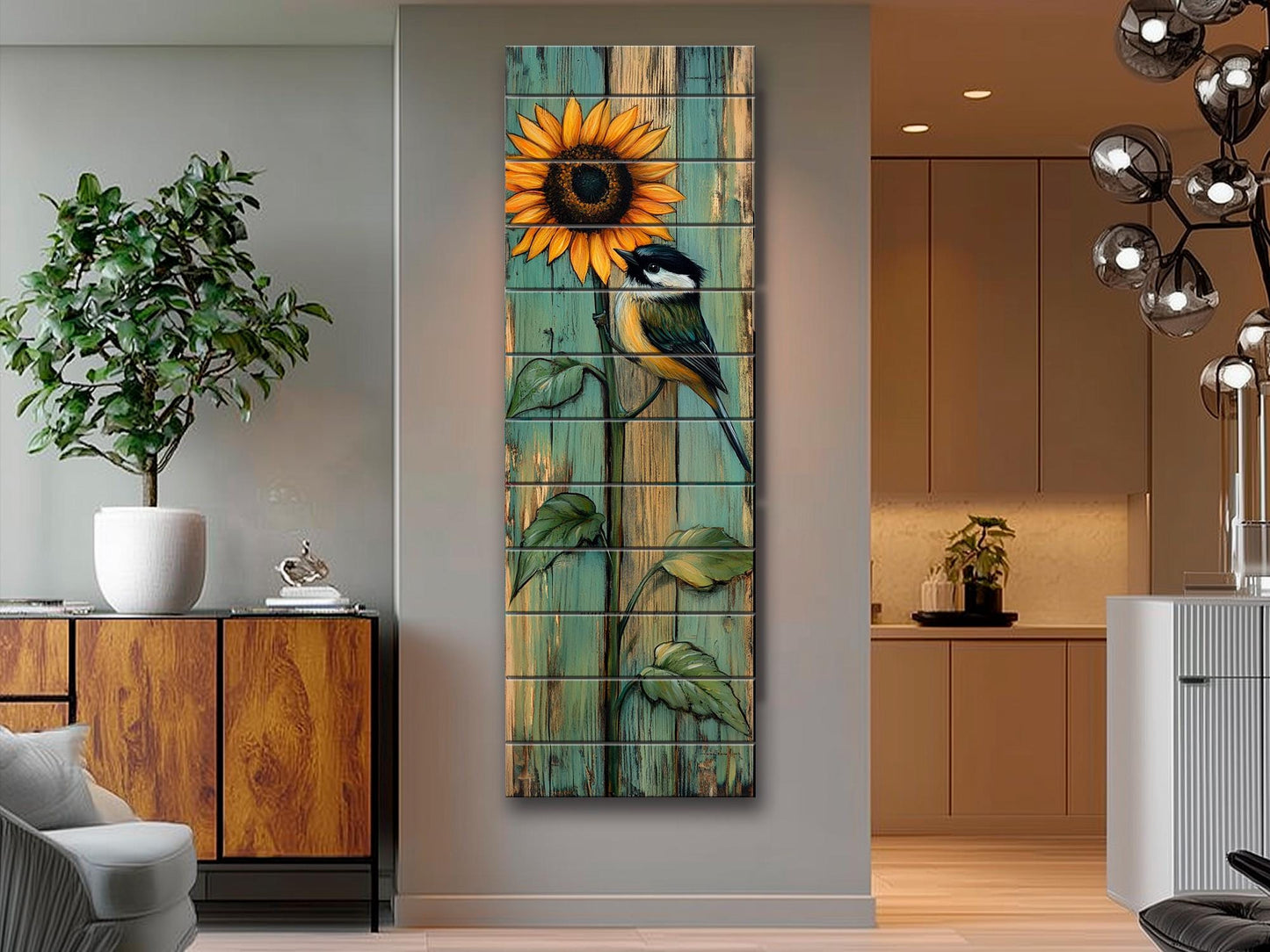 Wood Wall Art – Rustic Chickadee Bird Painting on Sunflower Plank Decor