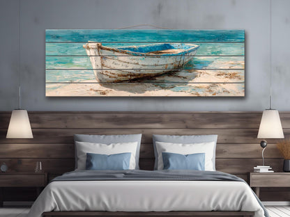 Rowboat Print Wood - Coastal Wall Art | Rustic Seaside Decor On Light Wood
