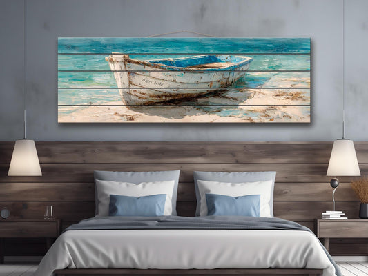 Rowboat Print Wood - Coastal Wall Art | Rustic Seaside Decor On Light Wood