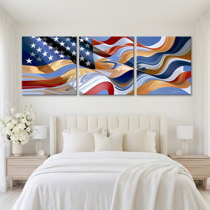 a large, colorful, abstract painting of the American flag displayed on the wall above a bed with white bedding.