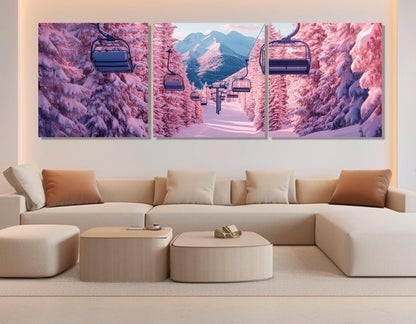 Pink Winter Forest Canvas - Surreal Ski Lift Wall Art | Ready to Hang Framed Print