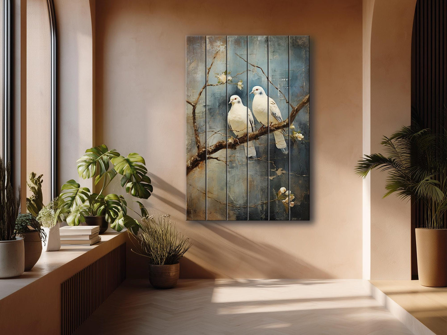 Romantic Wood Wall Art | Rustic Love Artwork Featuring Two White Pigeons on UV Printed Wood