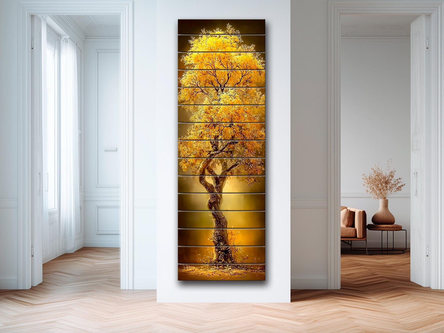 Golden Tree Print on Wood –  Tree with Golden Leaves, Modern Rustic Wall Decor