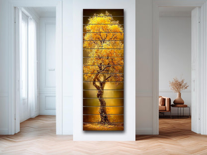 Golden Tree Print on Wood –  Tree with Golden Leaves, Modern Rustic Wall Decor