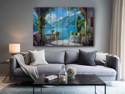 Scenic Como Lake Landscape Printed on Natural Wood, Italy Wall Art, Rustic Lake Como Painting, Rustic Italian Wall Decor, Wood Wall Art