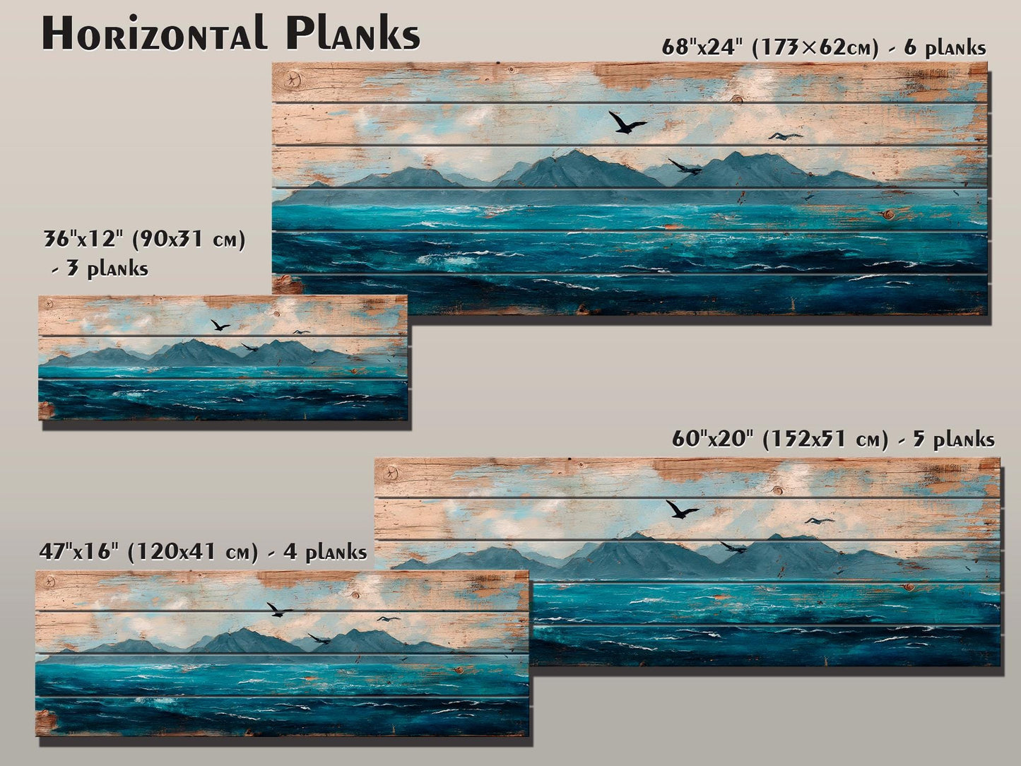 Scenic Wood Wall Art - Ocean with Mountains and Seagulls Painting Printed on Natural Wood, Nautical Wall Art, Rustic Sea Painting Print