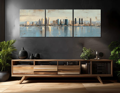 San Diego Canvas Print – Rustic Framed Cotton Canvas, Retro Skyline Wall Art
