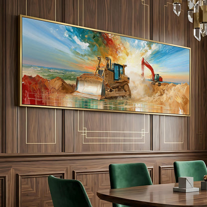 a large painting of a bulldozer on a construction site, with a crane and other construction equipment visible in the background.