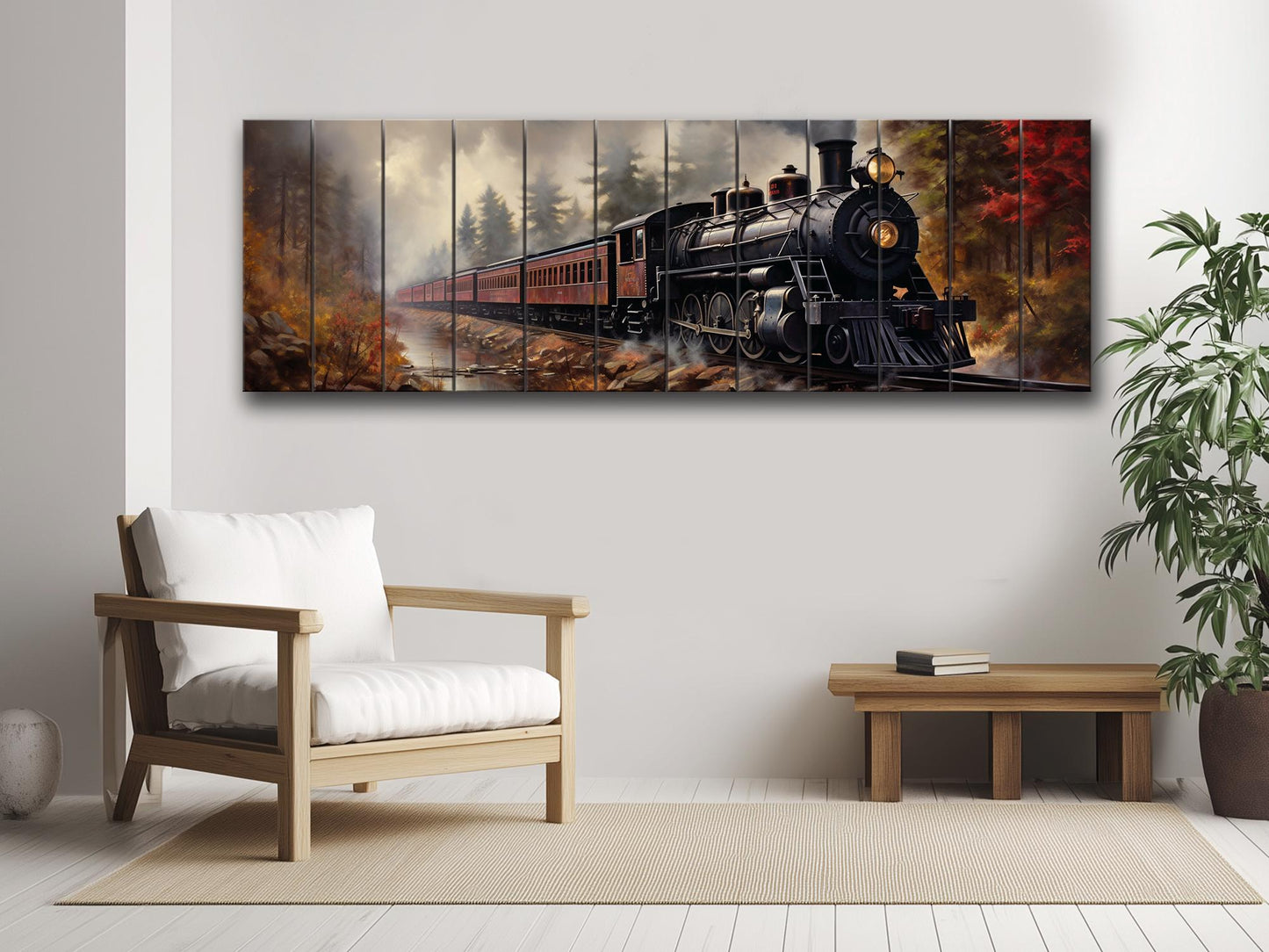 Rustic Steam Train Painting – Natural Wood Wall Art With Unique Wood Grain