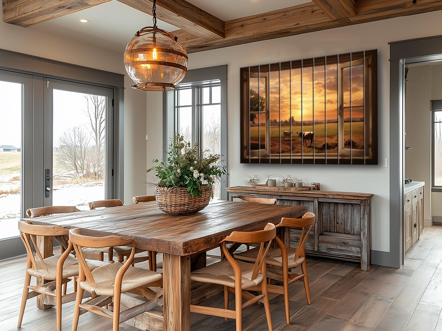 Rustic Wood Wall Art – Open Window Farmhouse Landscape Decor on Natural Wood Planks