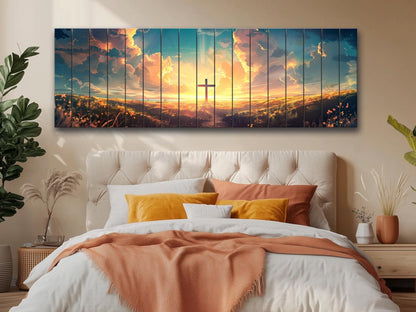 Christian Wood Wall Art – Cross Sunset Painting on Natural Wood Planks | Handcrafted Rustic Farmhouse Decor