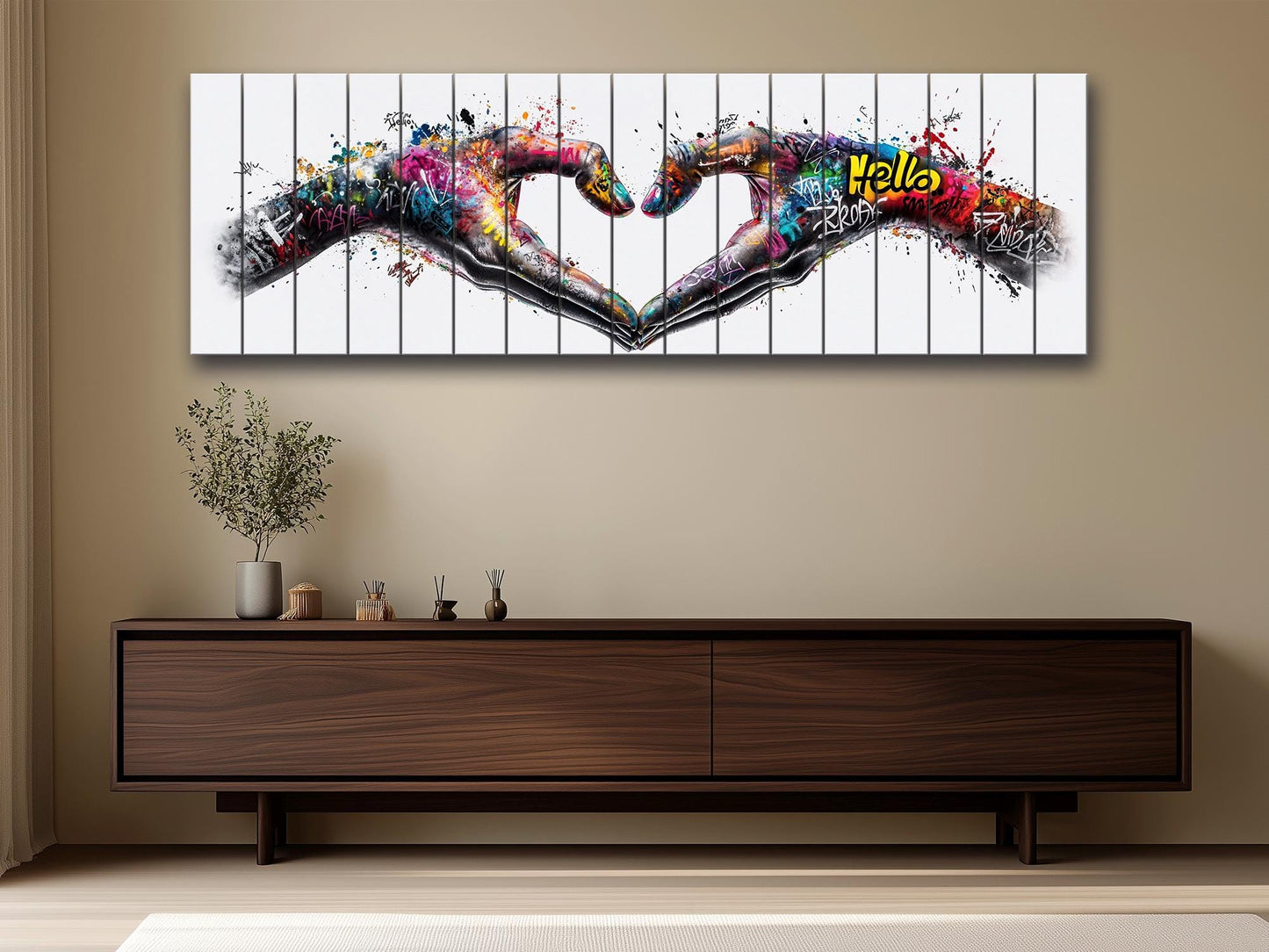 Heart Graffiti Style Painting Printed On  Natural Wood – Peace And Love Wall Art