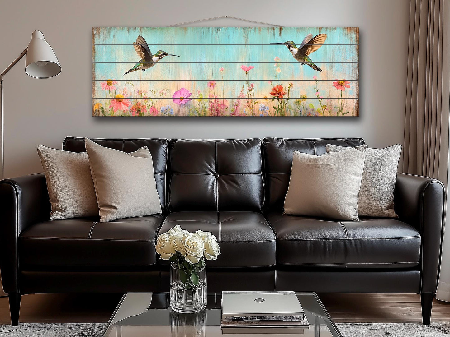 Rustic Wood Wall Art - Hummingbirds Around Wildflowers Print on Natural Wood, Birds Wall Art, Hummingbirds Print, Rustic Landscape Print