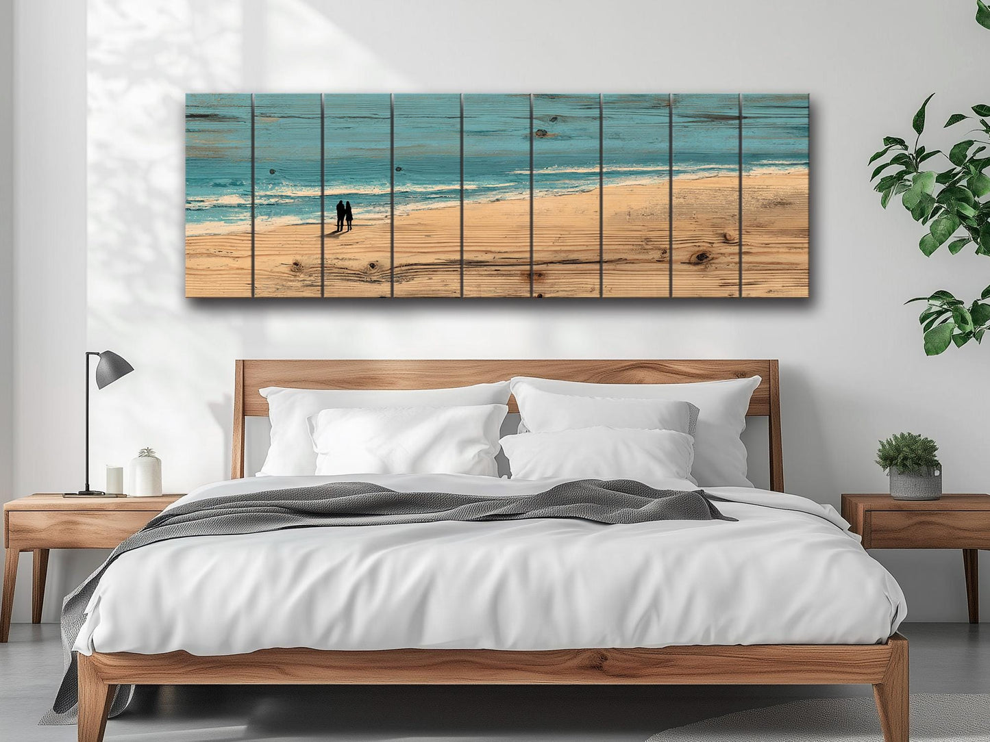 Coastal Wall Art – Wooden Coastal Print of Couple Walking on Beach House Decor