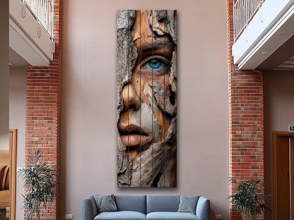Beautiful Woman Face Print on Wood – Carved Bark Wall Art, Rustic Wall Decor
