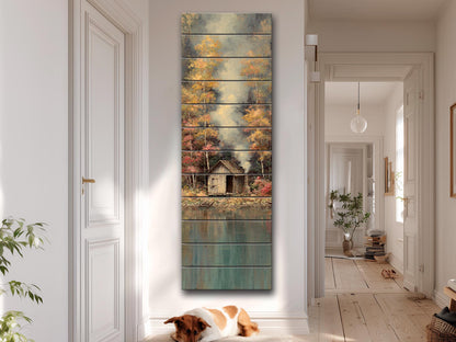 Wood Wall Art - Lakeside Fishing Cabin Wall Art – Autumn Forest Print on Wood – Cozy Lake House Decor, Rustic Natural Wall Decor