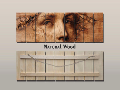 Burned Face Wood Print – Rustic Wood Art | Textured Wall Decor, Abstract Portrait