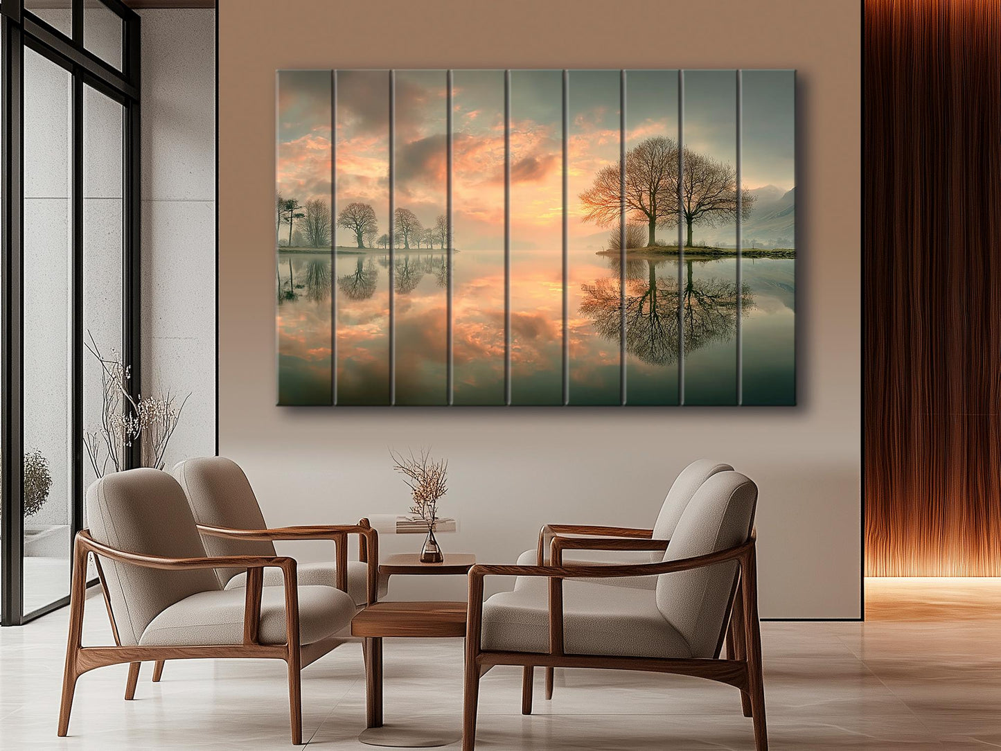 Sunset Lake Print on Wood, Trees Reflection Landscape, Rustic Nature Wall Decor