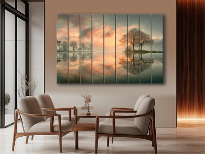 Sunset Lake Print on Wood, Trees Reflection Landscape, Rustic Nature Wall Decor