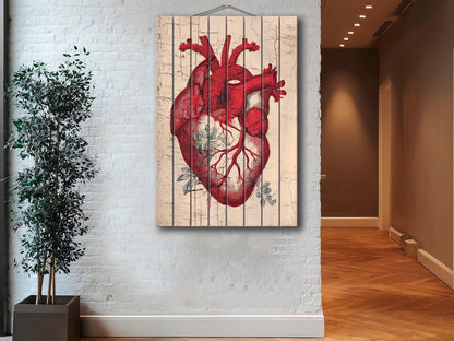 Anatomical Heart Wall Art – Rustic Wood Art | Medical Wall Decor Printed on Wood