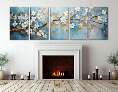 Floral Canvas Art – Soft Blue Wall Art With White Gold Flowers | Ready to Hang