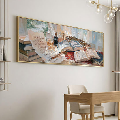 a large painting of a desk with books and a lamp on it, hanging on a wall.