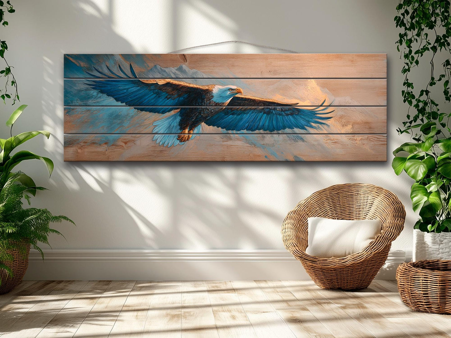 Majestic Eagle Soaring Over Mountain Peaks Print on Natural Wood, Eagle Painting, Birds Wall Art, Rustic Eagle Wood Wall Art, Eagle Print