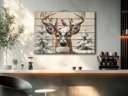 Snowy Deer Wall Art on Wood – Rustic Winter Scene, Cabin Decor