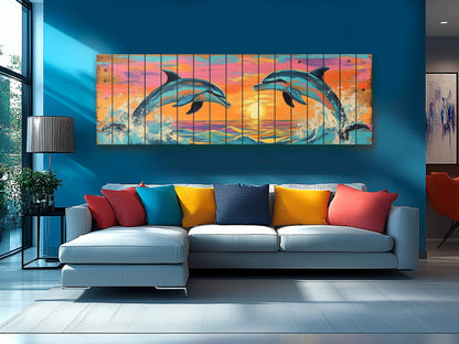 Playful Dolphins Jumping at Sunset Print on Natural Wood, Dolphins Wall Art, Wood Wall Art, Dolphins Painting, Romantic Bedroom Wall Decor