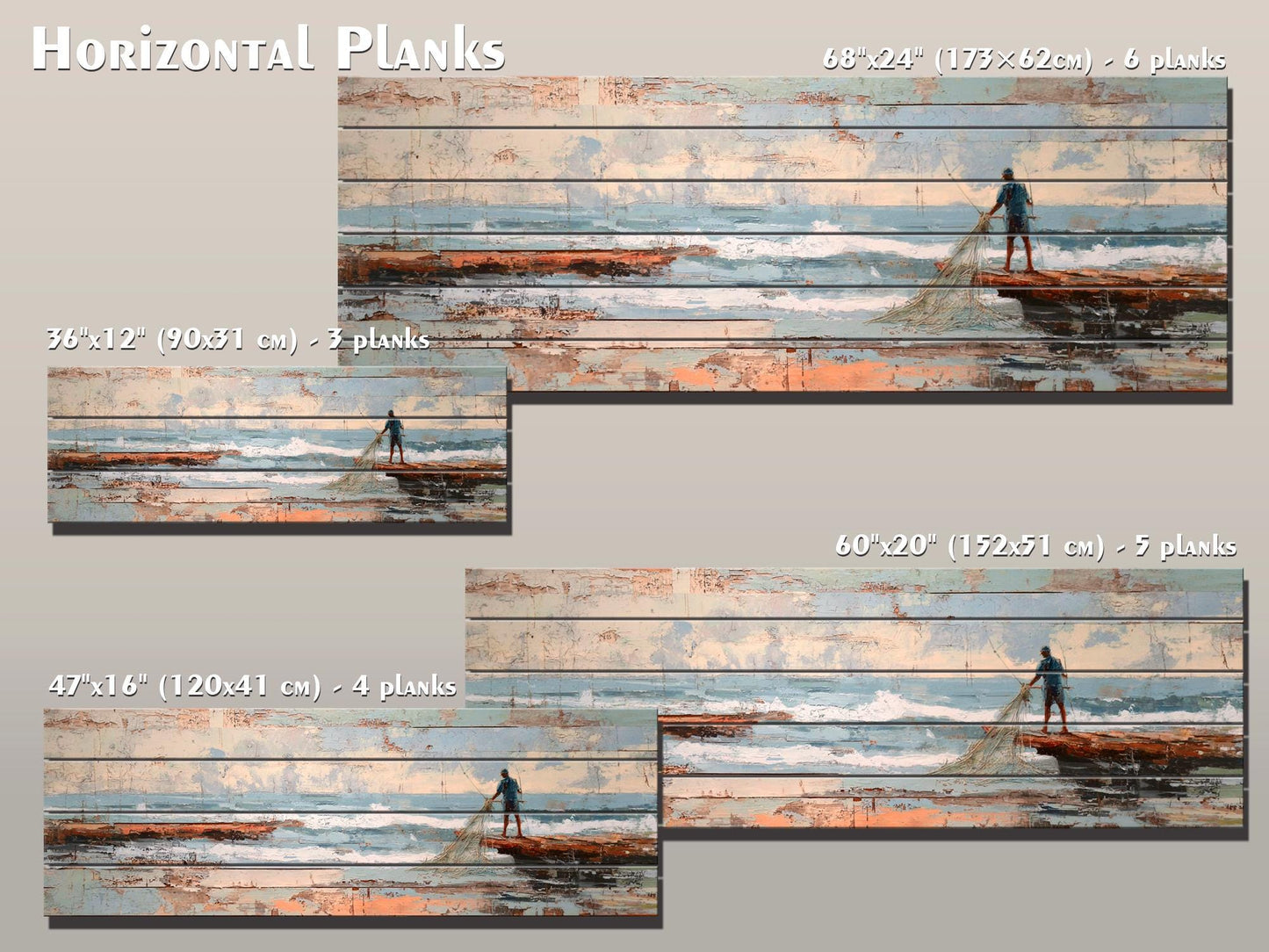 Fisherman Print Wood - Rustic Coastal Wall Art With Sea Nets & Calm Sky Painting