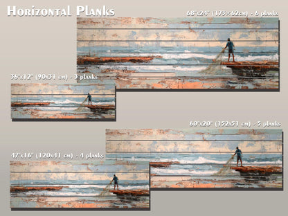 Fisherman Print Wood - Rustic Coastal Wall Art With Sea Nets & Calm Sky Painting