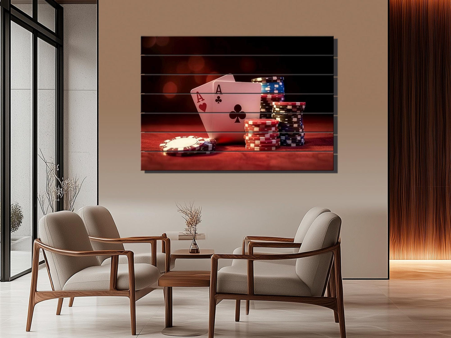 Poker Chips Wall Art – Rustic Wood Print | Casino Game Artwork on Wood Planks