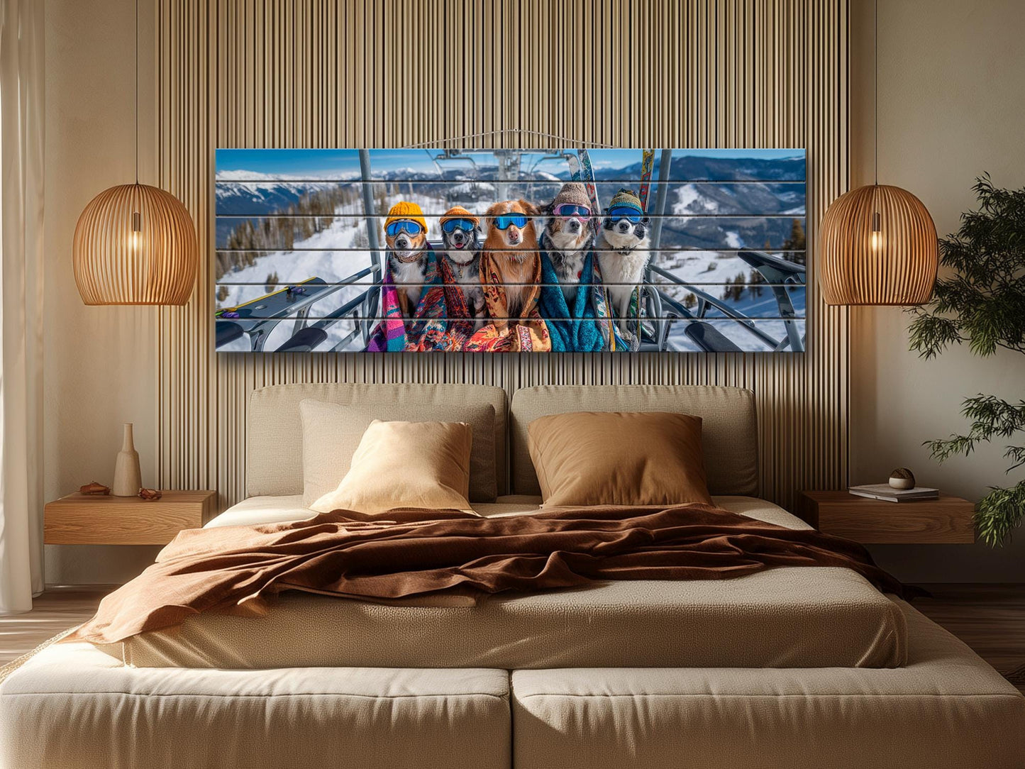 Skiing Dogs Wall Art – Mountain Wood Print | Cozy Winter Cabin Decor