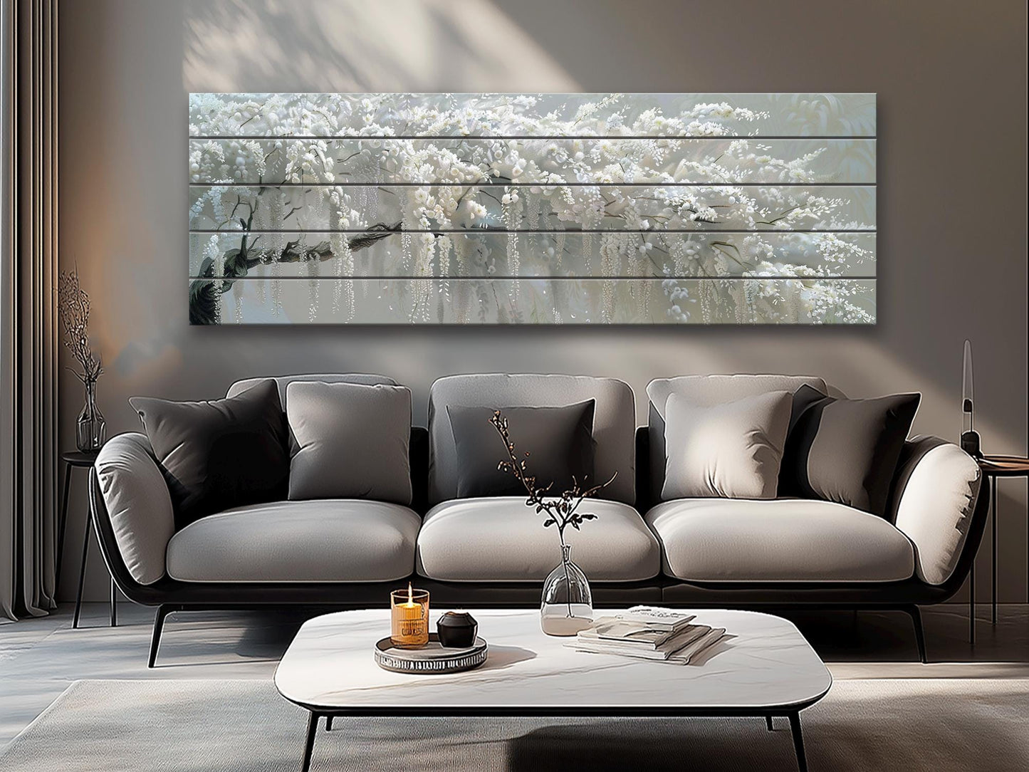 Abstract White Wisteria Tree Blossom Print On Natural Wood