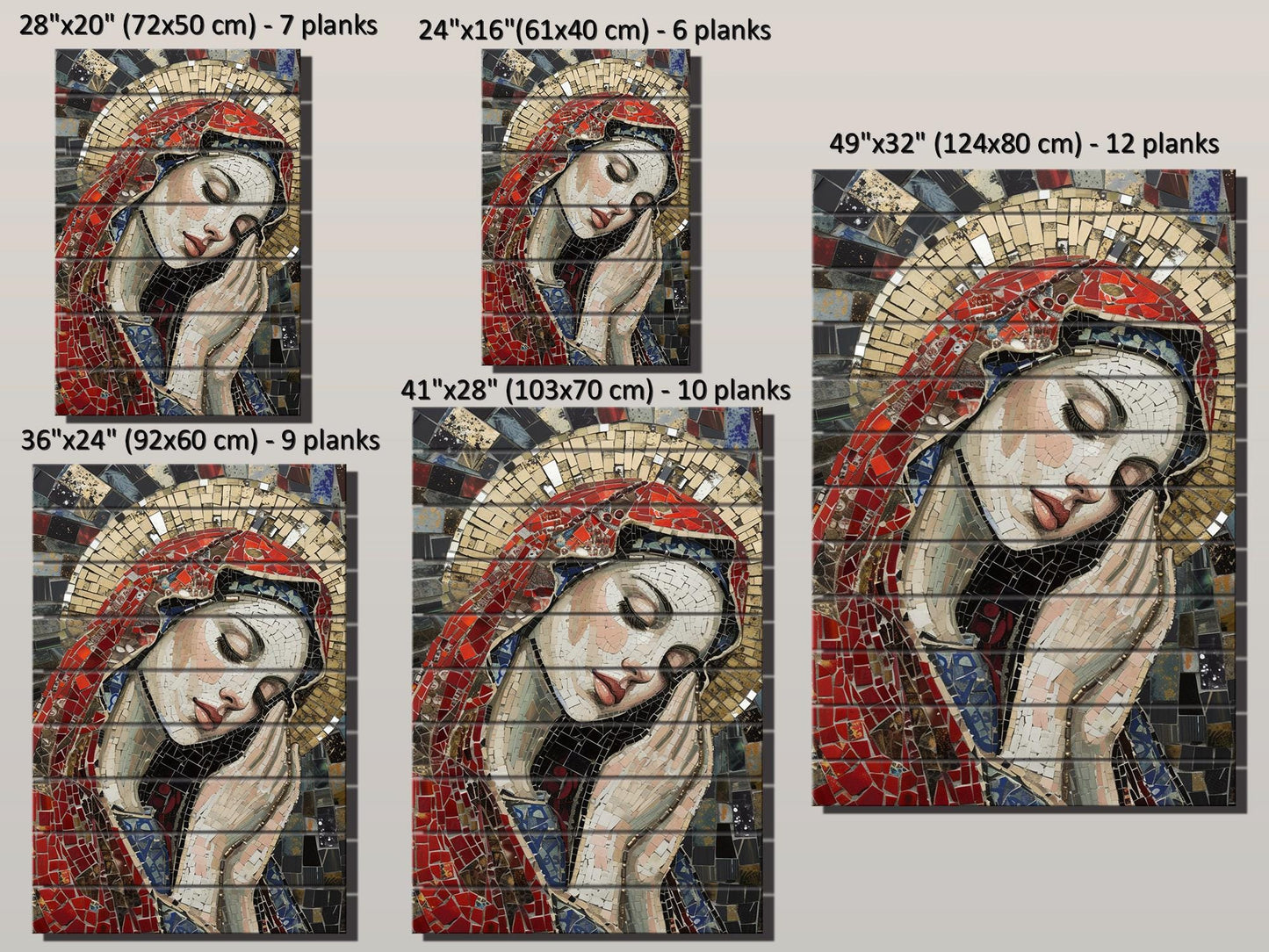 Saint Maria Wood Art – Mosaic Religious Wall Decor on Natural Wood Planks