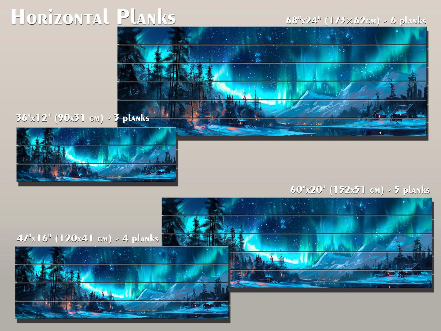 Northern Lights Wall Art – Aurora Borealis Wooden Print on Natural Wood Decor