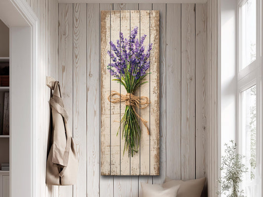 Rustic Wood Wall Art – Lavender Bouquet Painting on Wood – Vintage Botanical Decor