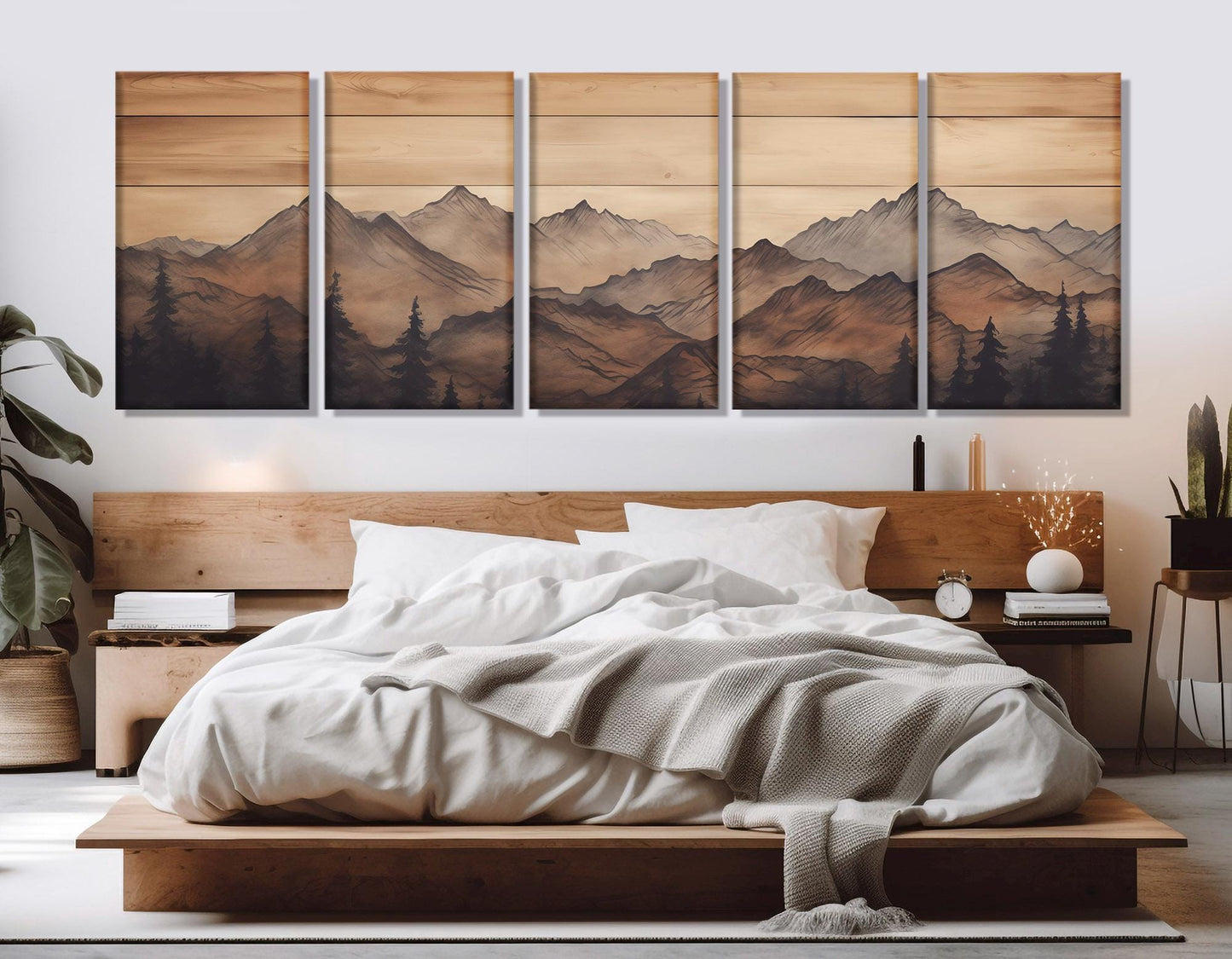 Mountains Wall Art – Rustic Mountains Art Framed Canvas Print | Soft Tone Mountain Decor