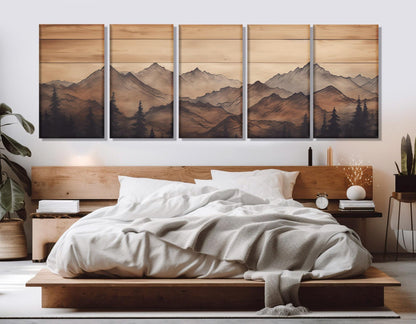 Mountains Wall Art – Rustic Mountains Art Framed Canvas Print | Soft Tone Mountain Decor