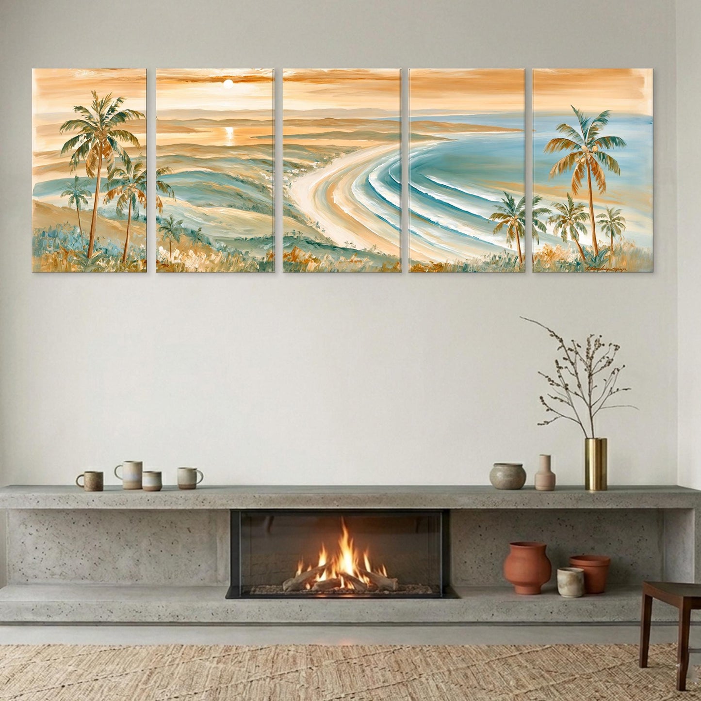 a cozy living room with a fireplace, a large wall art depicting a tropical beach scene, and various decorative items on the mantel.