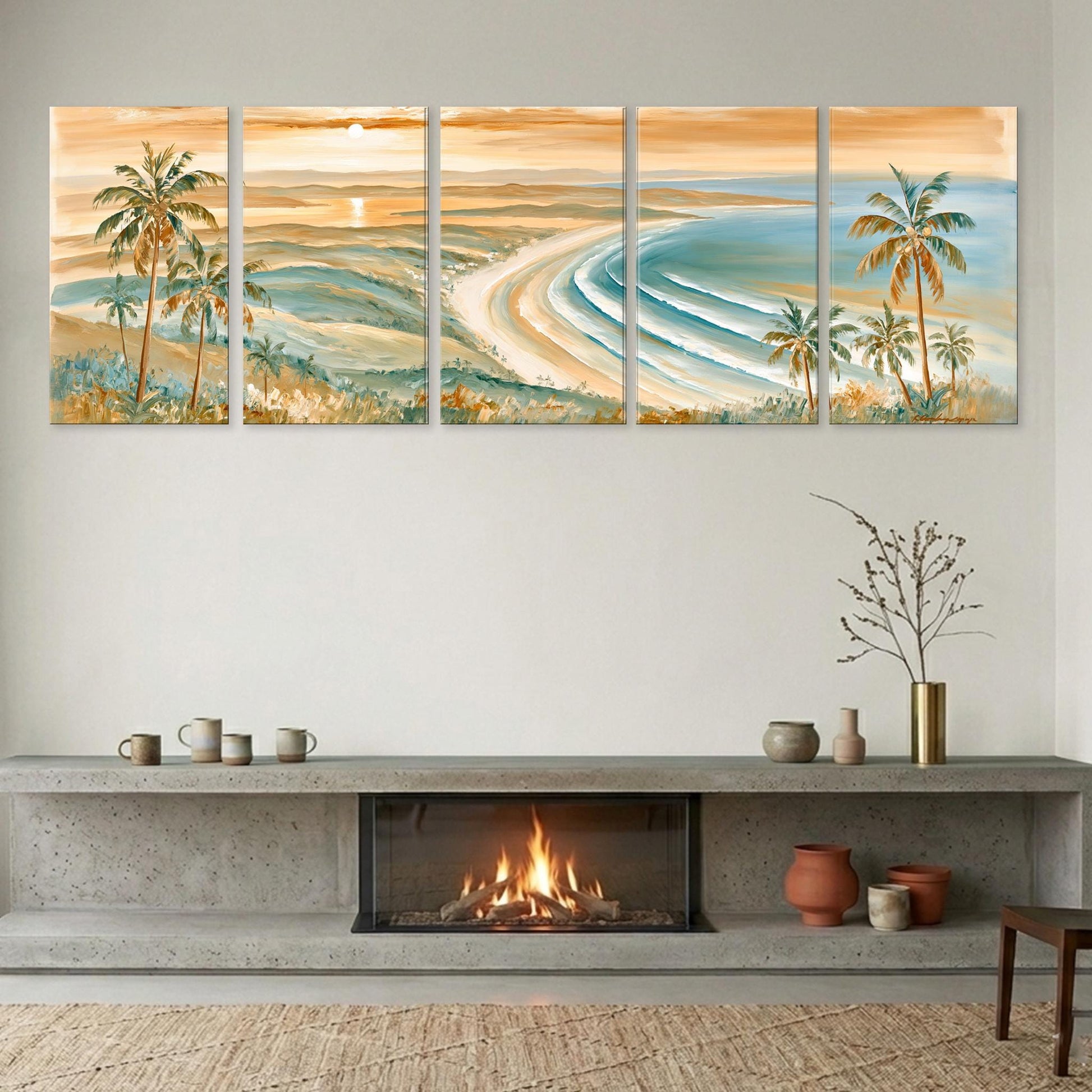 a cozy living room with a fireplace, a large wall art depicting a tropical beach scene, and various decorative items on the mantel.