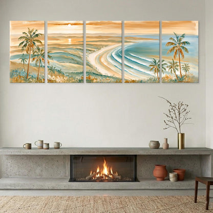 a cozy living room with a fireplace, a large wall art depicting a tropical beach scene, and various decorative items on the mantel.