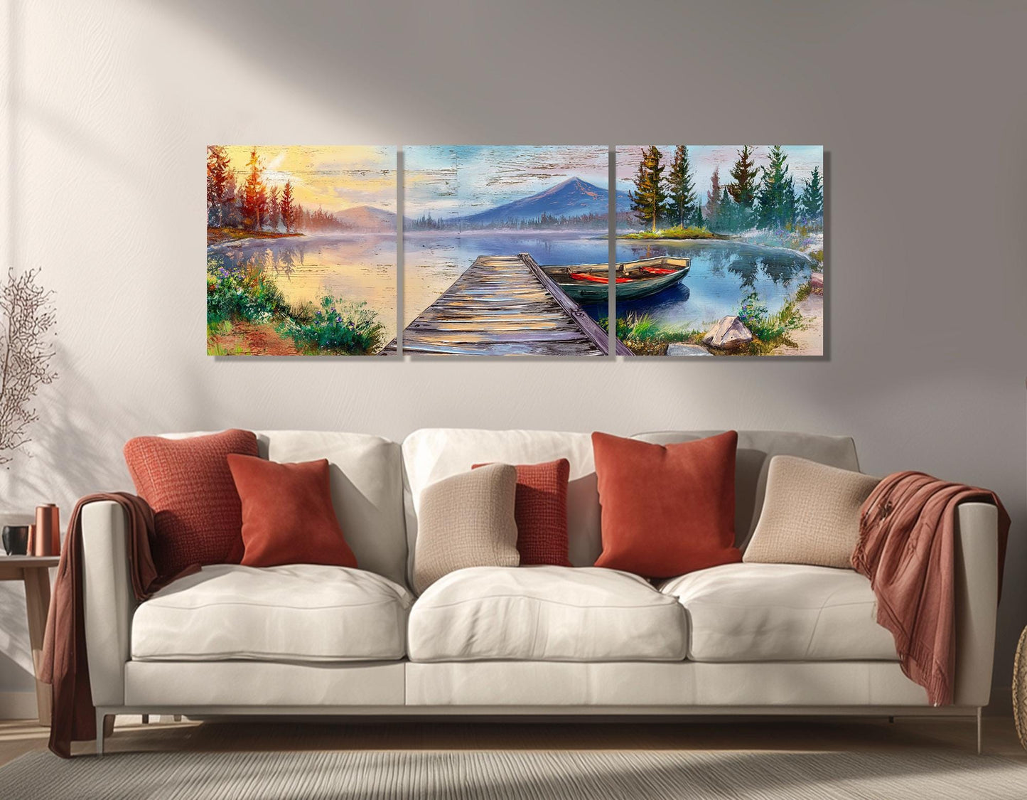 Lake Pier Canvas Print, Mountain Lake and Fishing Boat Painting, Framed & Ready to Hang